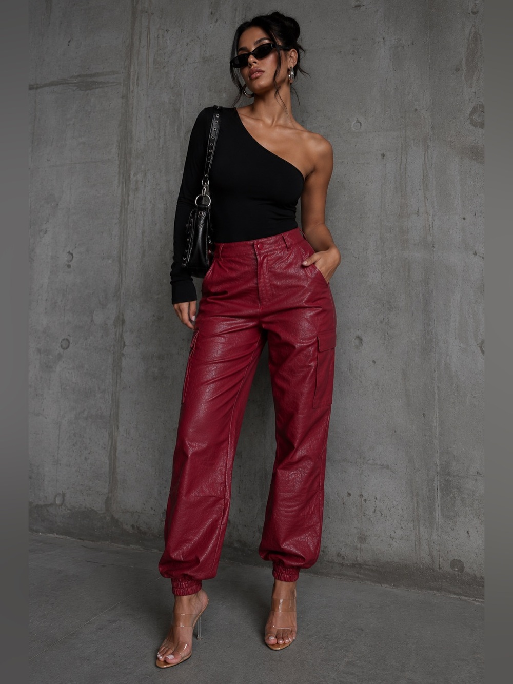 Naked Wardrobe The Crocodile Faux Leather Joggers In Cabernet